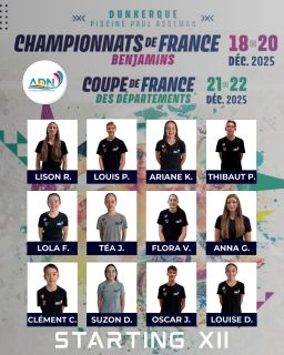 Cap sur Dunkerque ! 🔥 Nos 12 nageurs et nageuses sélectionnés prennent la route pour les Championnats de France Benjamins 🏊♂️🏊♀️ 📅 Du 18 au 20 décembre 2025
📍 Piscine Paul Asseman – Dunkerque Dans la foulée, place à la Coupe de France des Départements ! 📅 Du 21 au 22 décembre 2025
➡️ Une équipe dames engagée, renforcée par 3 nageuses supplémentaires qui rejoindront le groupe spécialement pour cette compétition. 💪 Fierté, engagement et ambition porteront nos couleurs tout au long de cette semaine intense. Bonne chance à toutes et tous, on est derrière vous !