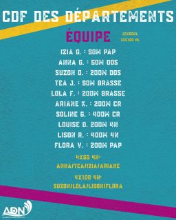 📋 Programme – Coupe de France des Départements 🏊♀️ Découvrez le programme des courses de notre équipe dames pour la Coupe de France des Départements à Dunkerque.
Chaque nageuse, chaque course, un même objectif : tout donner 💪 📅 21 & 22 décembre 2025
📍 Piscine Paul Asseman – Dunkerque Force collective, engagement et esprit d’équipe Allez les filles !