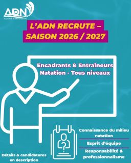 Recrutement – Saison 2026/2027 | Alliance Dijon Natation 🎯 Dans le cadre de la préparation de la prochaine saison, l’Alliance Dijon Natation recrute des encadrants pour accompagner le développement des nageurs de tous niveaux. Postes à pourvoir : Contrat d’apprentissage MSN : formation au développement du nageur, assistant sur les groupes de formation et en autonomie sur des groupes départementaux Contrats à l’heure : écoles de nage et groupes compétition de niveau départemental et perfectionnement. Contrat d’apprentissage DE / Master STAPS : assistance des entraîneurs sur les groupes performance et encadrement de groupes compétition. Profil recherché :
Nous recherchons des personnes connaissant le milieu de la natation et ayant le sens des responsabilités, capables de travailler en équipe et d’adopter une attitude professionnelle. Candidatures :
Merci d’envoyer un CV et une lettre de motivation à :
✉️ aurelien.gabert@dijonnatation.com
✉️ contact@dijonnatation.com