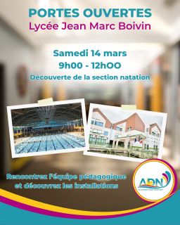 🏫 PORTES OUVERTES – Lycée Jean-Marc Boivin Vous souhaitez découvrir la section natation et les installations du lycée ? 🏊♂️ 📅 Samedi 14 mars
🕘 9h00 – 12h00 Venez rencontrer l’équipe pédagogique, visiter le lycée et découvrir l’environnement de la section sportive natation. Nous serons ravis de vous accueillir et de répondre à toutes vos questions. 📍Lycée Jean-Marc Boivin
Chevigny-Saint-Sauveur