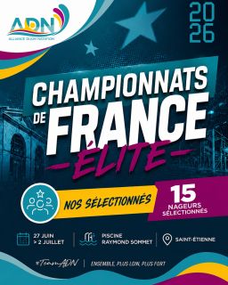 🇫🇷 CHAMPIONNATS DE FRANCE ÉLITE 2026 🇫🇷 Du 27 juin au 2 juillet, l’ADN sera représentée par 15 nageurs à l’occasion des Championnats de France Élite qui se dérouleront à Saint-Étienne 🍀 Cette compétition réunira les meilleurs nageurs français et constituera l’un des grands rendez-vous de la saison ! 👉 Retrouvez le programme de nos 15 nageurs qualifiés pour ces Championnats de France Élite 2026. 👏 Félicitations à l’ensemble de nos sélectionnés pour cette qualification et bonne compétition à tous ! Toute la Team ADN sera derrière vous pour vous encourager tout au long de la semaine. 📍 Saint-Étienne
🏊 Piscine Raymond Sommet
📅 27 juin → 2 juillet 2026