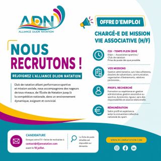 🏊♂️ L’Alliance Dijon Natation recrute ! Vous souhaitez vous investir dans un club sportif dynamique et contribuer à son développement au quotidien ? Rejoignez notre équipe en tant que Chargé·e de mission Vie Associative (H/F). 📍 Dijon
📄 CDI – Temps plein (35h)
⏱️ Prise de poste dès que possible Au cœur de la vie du club, vous participerez au suivi administratif, à l’organisation des événements, aux relations avec nos partenaires ainsi qu’au développement de nos actions associatives. 👉 Vous êtes organisé(e), rigoureux(se), autonome et avez un intérêt pour le milieu sportif associatif ? Cette opportunité est faite pour vous ! 📩 Envoyez votre CV et votre lettre de motivation à :
contact@dijonnatation.com 🗓️ Candidatures jusqu’au 10 juillet. N’hésitez pas à partager cette offre autour de vous ! #AllianceDijonNatation #ADN #Recrutement #OffreEmploi #dijonnatation