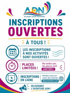 📣 Les inscriptions sont officiellement ouvertes ! 🏊 Les inscriptions à nos activités sont désormais ouvertes à tous ! 👶 École de natation : de 5 à 12 ans
🏊 Pratique de la compétition : de 8 à 70 ans et + ⚠️ Les places sont limitées, ne tardez pas à réserver la vôtre. 💻 Inscription en ligne sur dijonnatation.com Nous avons hâte de vous retrouver au bord des bassins pour une nouvelle saison avec l’Alliance Dijon Natation ! 💙
