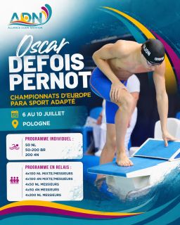 Direction la Pologne ! 🇵🇱  Notre nageur Oscar DEFOIS PERNOT portera les couleurs de la France aux Championnats d’Europe de para sport adapté, du 6 au 10 juillet.  Au programme, plusieurs épreuves individuelles et de nombreux relais où Oscar défendra fièrement les couleurs de l’équipe de France. 🇫🇷  Nous lui souhaitons une excellente compétition et beaucoup de réussite tout au long de cette semaine européenne !