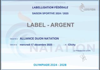 🏅 OFFICIEL  Notre club, l’Alliance Dijon Natation est labellisé ARGENT par la Fédération Française de Natation pour la saison 2024–2025.  Une reconnaissance nationale qui récompense le travail, l’engagement et la qualité du projet sportif porté par tout le club : dirigeants, entraîneurs, bénévoles et nageurs.  Fiers de faire partie d’un club reconnu pour son exigence et son excellence. 💙
